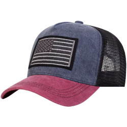 America First Trucker Cap – Blau-Bordeaux mit gestickter USA-Flagge & schwarzem Mesh
