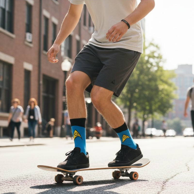 Urbaner Look mit blauen Star Trek Socken