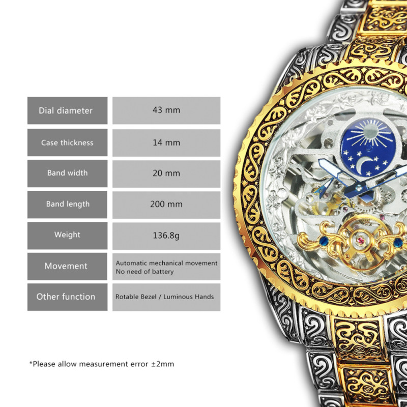 Luxus gravierte Automatische Armbanduhr aus Mondphase Stahl ▷ FORSINING Gold/Silber Uhren