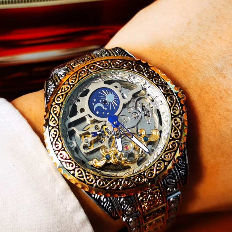 Luxus gravierte Automatische Armbanduhr aus Mondphase Stahl ▷ FORSINING Gold/Silber Uhren