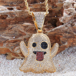 "BOO Goldener Glücksanhänger mit Halskette und Zirkonia-Kristallen - SUPER MARIO BOO GHOST Hip Hop Schmuck"