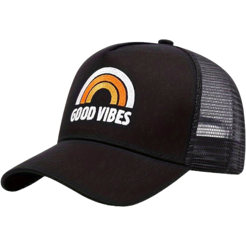 ✌️ "GOOD VIBES" Trucker Mesh Caps & Kappen - Good Vibes Mesh Kappe in Schwarz mit Logo-Stickerei für positive Stimmung