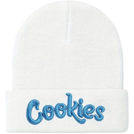 🍪 "COOKIES" Beanies & Mützen - Hochstehende Krümelmonster Beanie Mütze in Weiß/Blau mit einem 3D Cookies Logo-Schriftzug