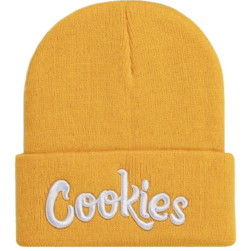 🍪 "COOKIES" Beanies & Mützen - Hochstehende Krümelmonster Beanie Mütze in Gelb/Weiß mit einem 3D Cookies Logo-Schriftzug