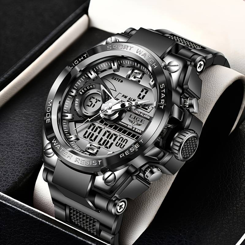 ⌚ "S-BRAND WATCHMAKER" Schwarze Herrenuhr - Luxuriöser Quarz Armbanduhr mit großem Dual Display und Edelstahlarmband